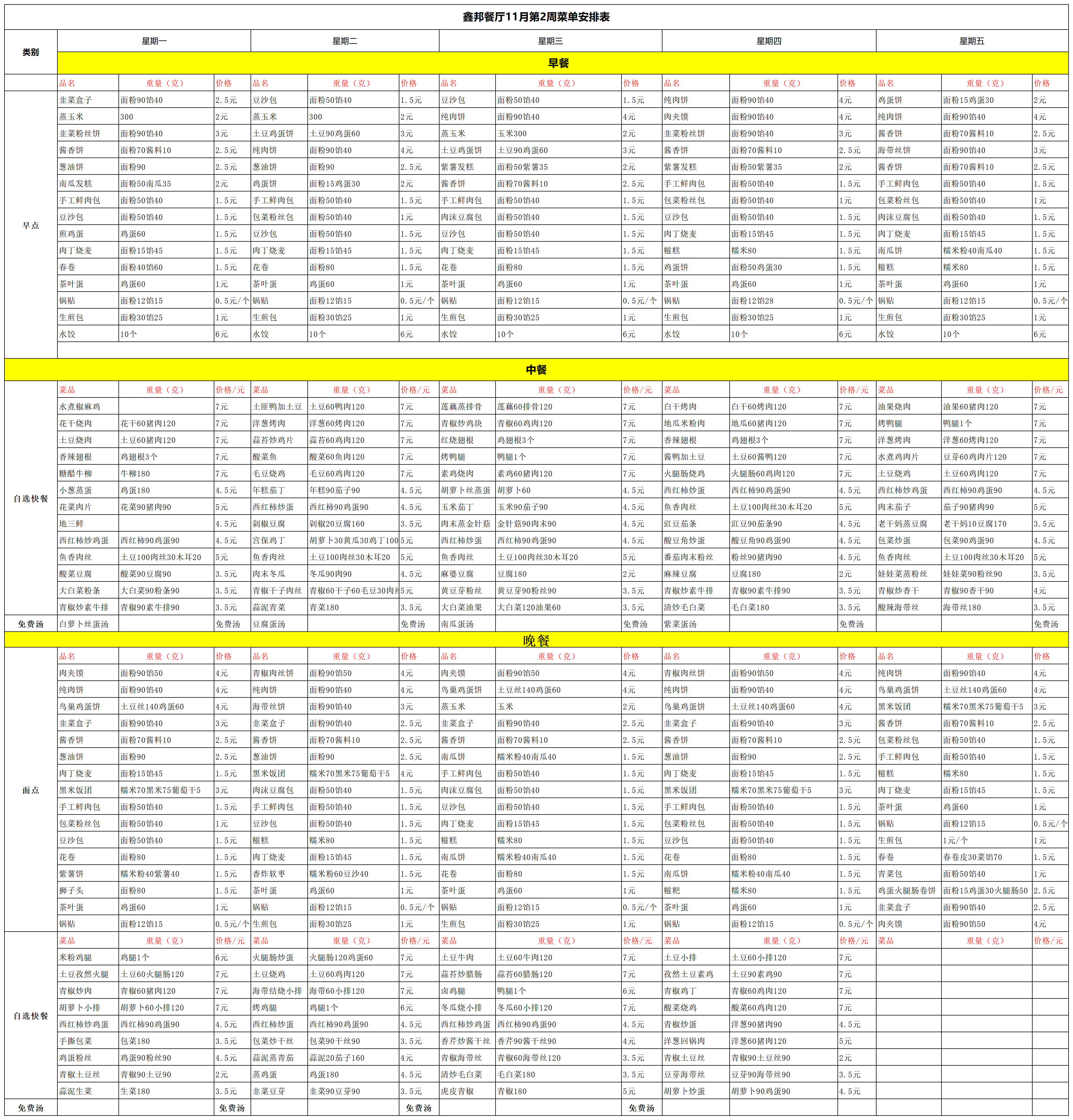 鑫邦餐厅11月第2周菜单(图1)