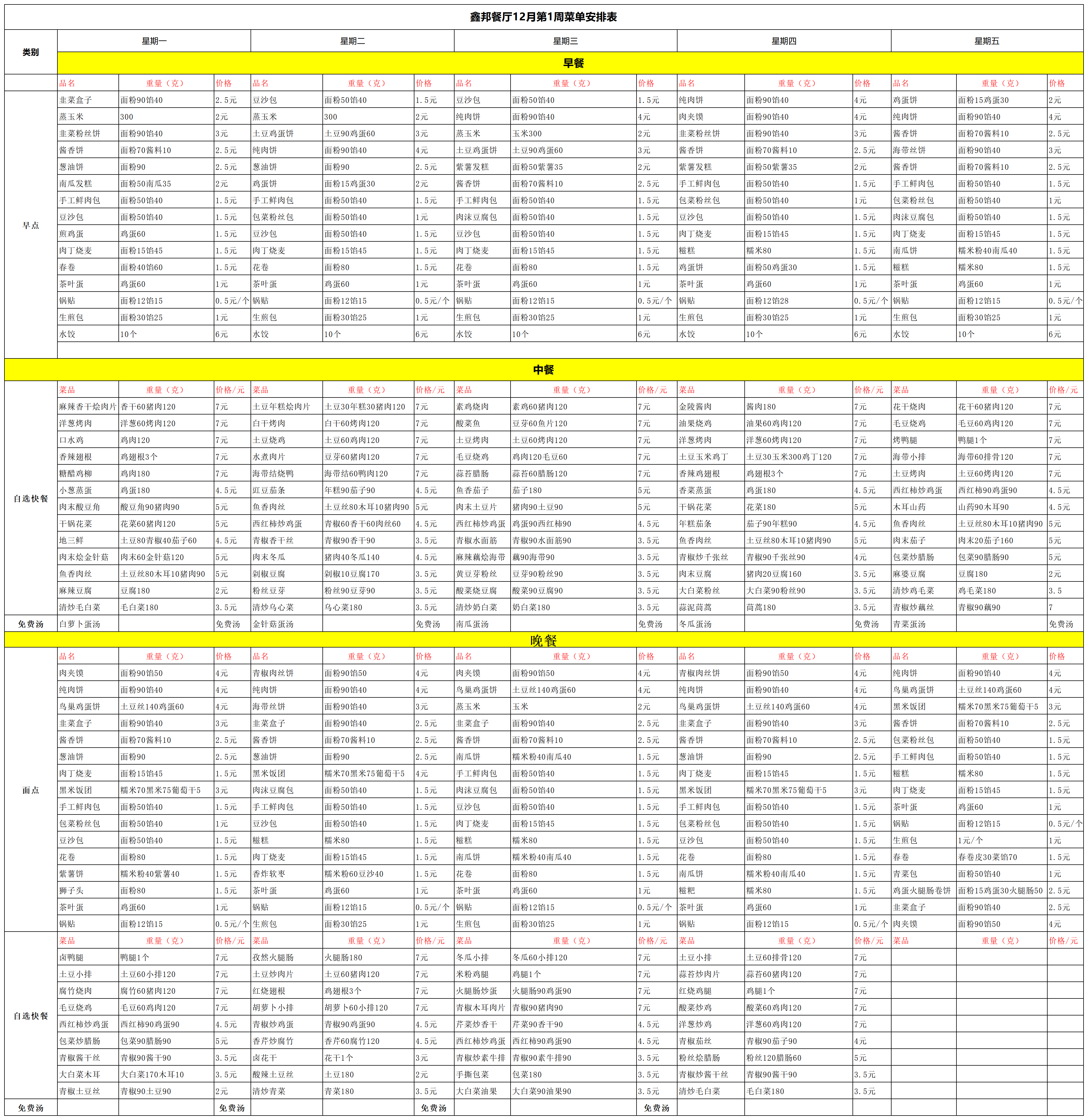 鑫邦餐厅12月第1周菜单安排表(图1)