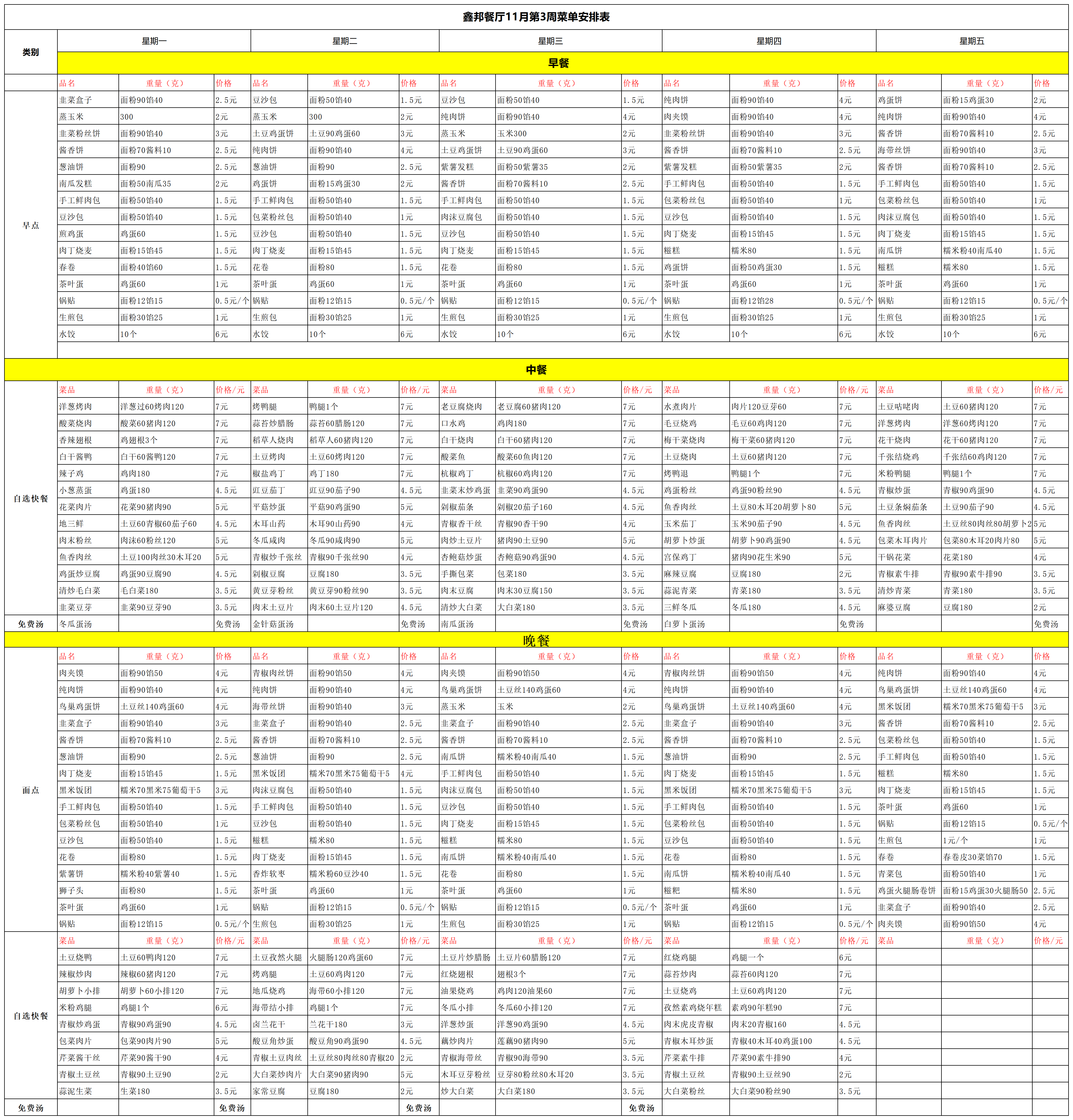 鑫邦餐厅11月第3周菜单安排表(图1)