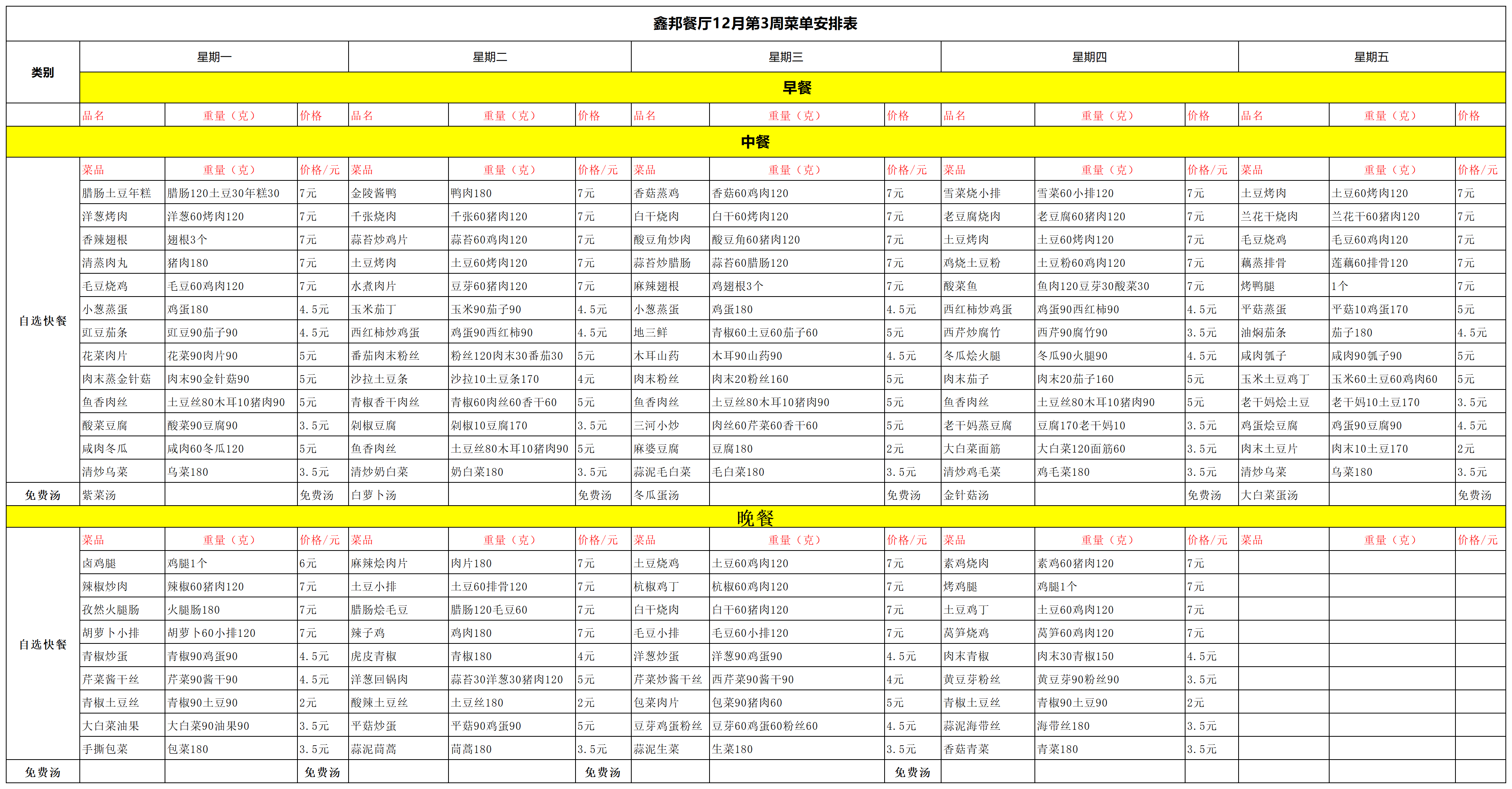 鑫邦餐厅12月第3周菜单安排表(图1)
