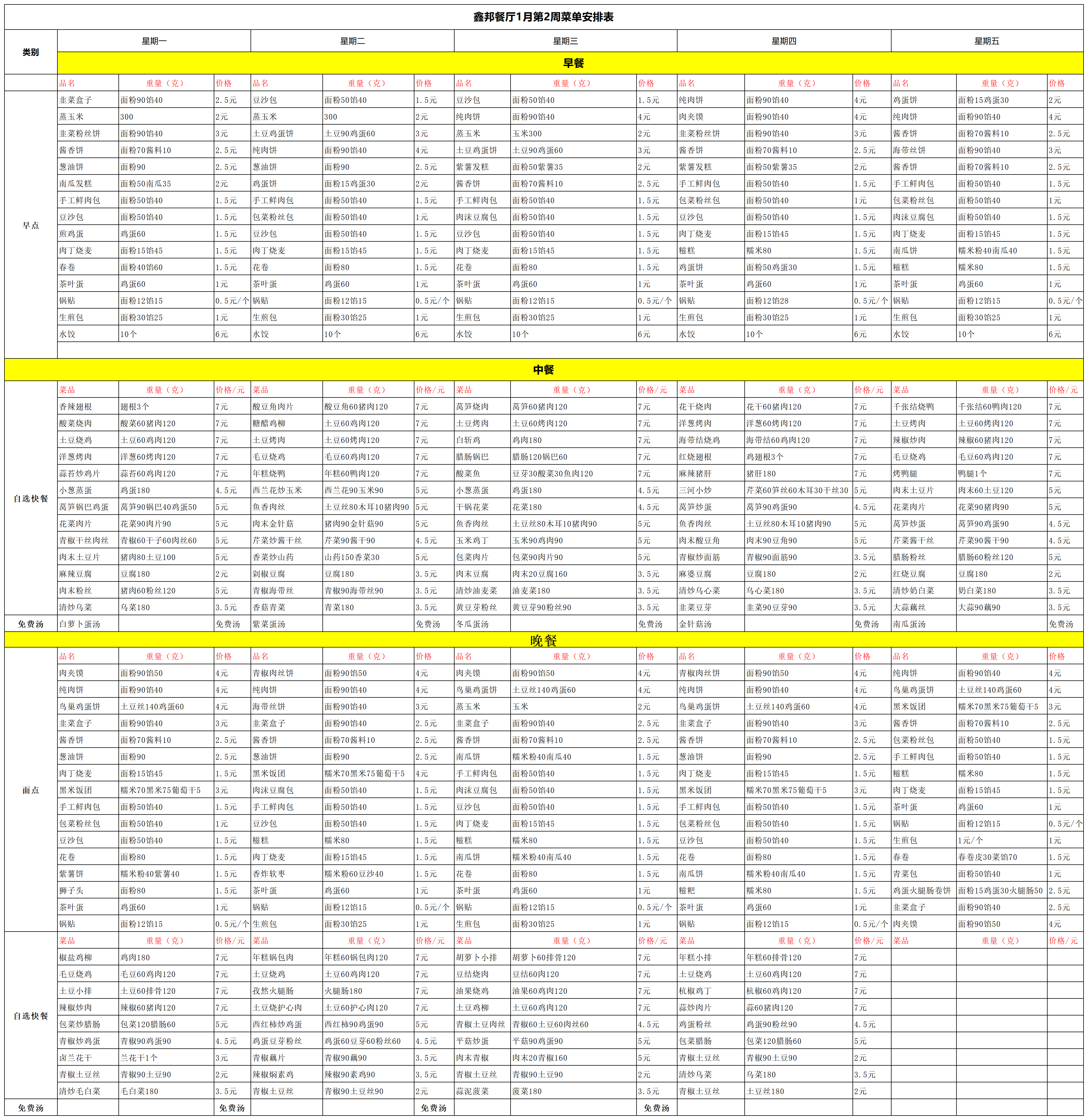 鑫邦餐厅1月第2周菜单安排表(图1)